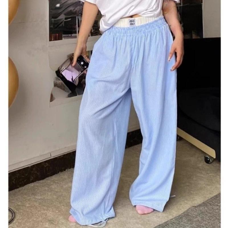 Y2k винтажные синие полосатые брюки, мешковатые повседневные брюки большого размера в Корейском стиле, женские брюки с широкими штанинами в стиле Харадзюку, лето M синий
