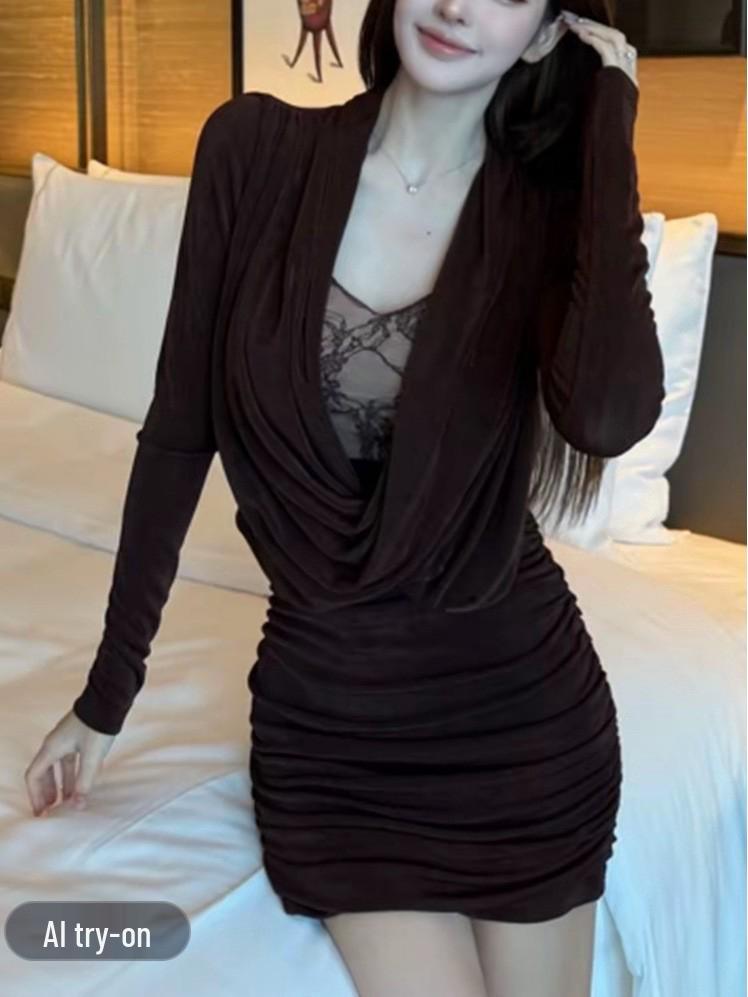 Golden Pleated Lace Dress with Cinched Waist and Swing Collar L коричневий
Golden Pleated Lace Dress with Cinched Waist and Swing Collar L коричневий