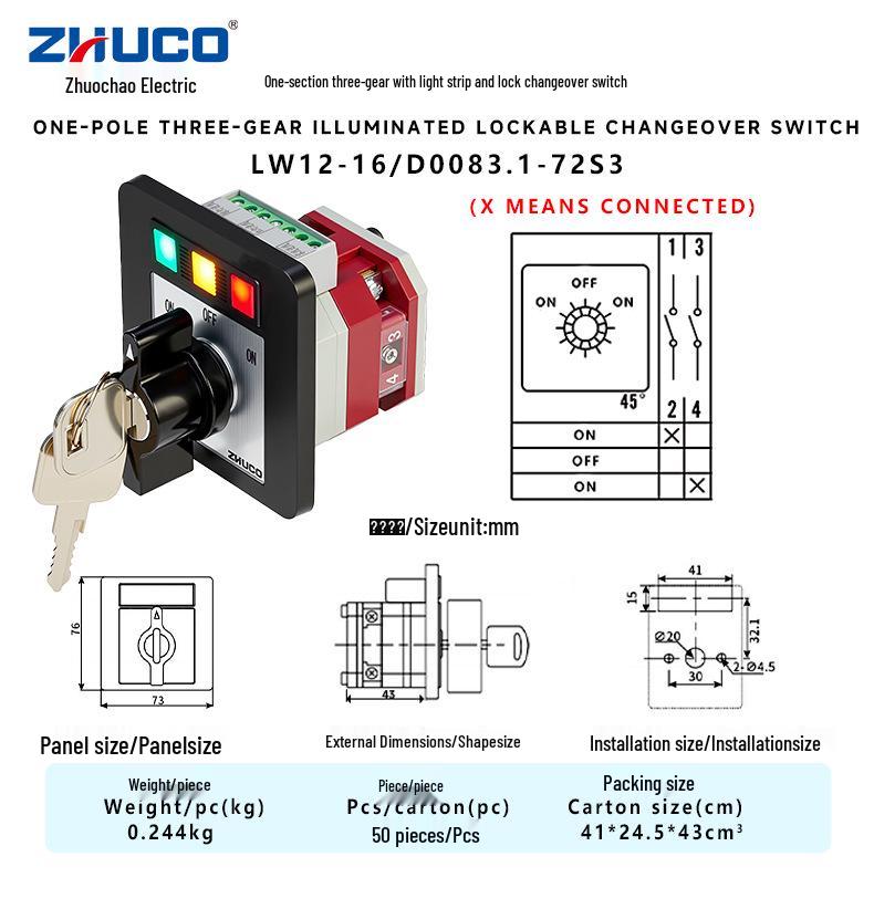 Zhuochao LW12-16/D0083.1-72S3 ON-OFF-ON 3-Gear Light & Lock Switch
Zhuochao LW12-16/D0083.1-72S3 ON-OFF-ON 3-Gear Light & Lock Switch