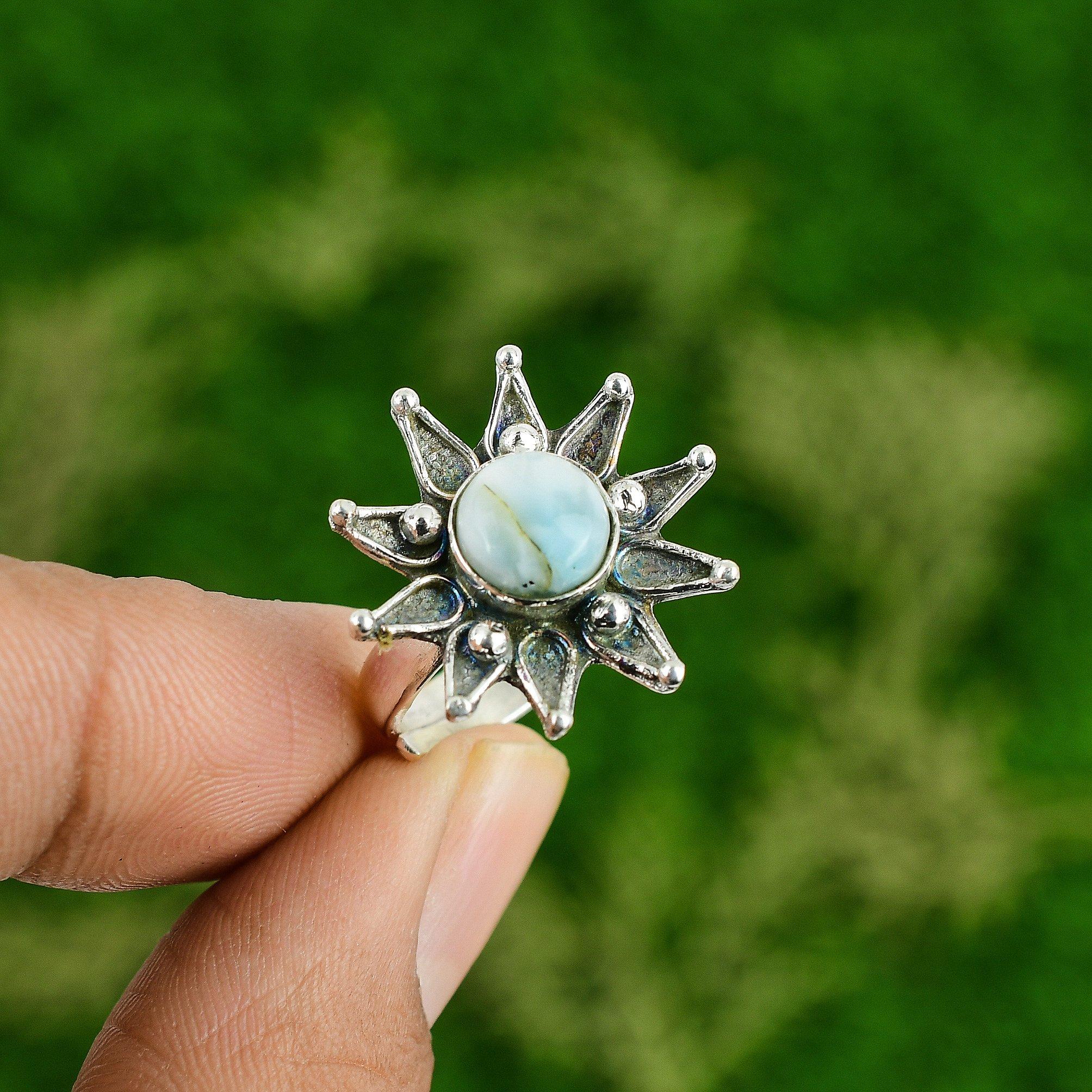 Round Larimar Gemstone Bezel Flower Statement Wife Ring Jewelry Sterling Silver Adjustable
Round Larimar Gemstone Bezel Flower Statement Wife Ring Jewelry Sterling Silver Adjustable