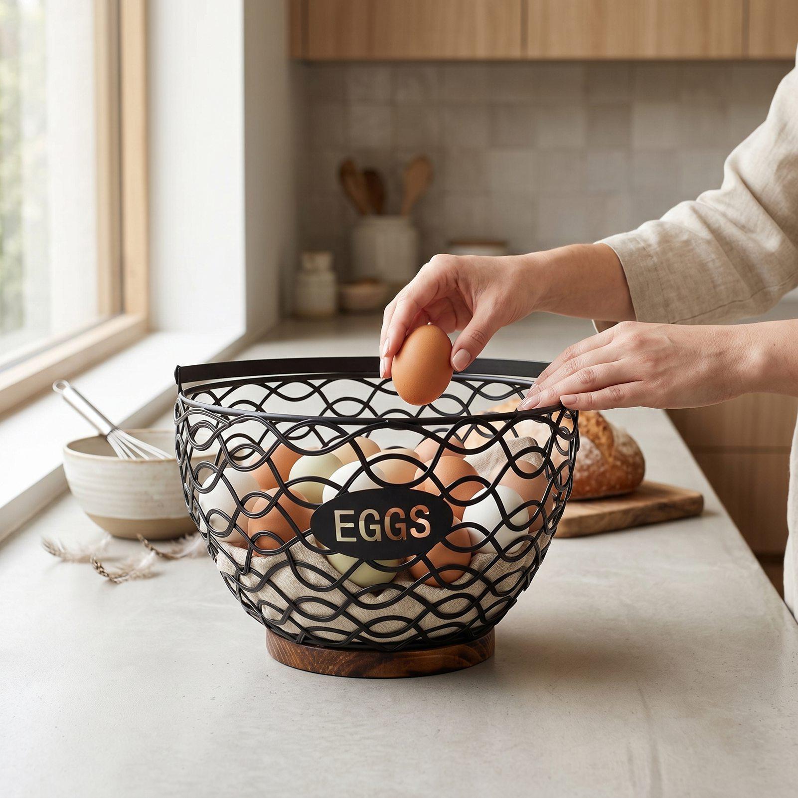 Egg Basket Multifunctional Wire Egg Collecting Basket with Wooden Base for Kitchen Countertop
Egg Basket Multifunctional Wire Egg Collecting Basket with Wooden Base for Kitchen Countertop