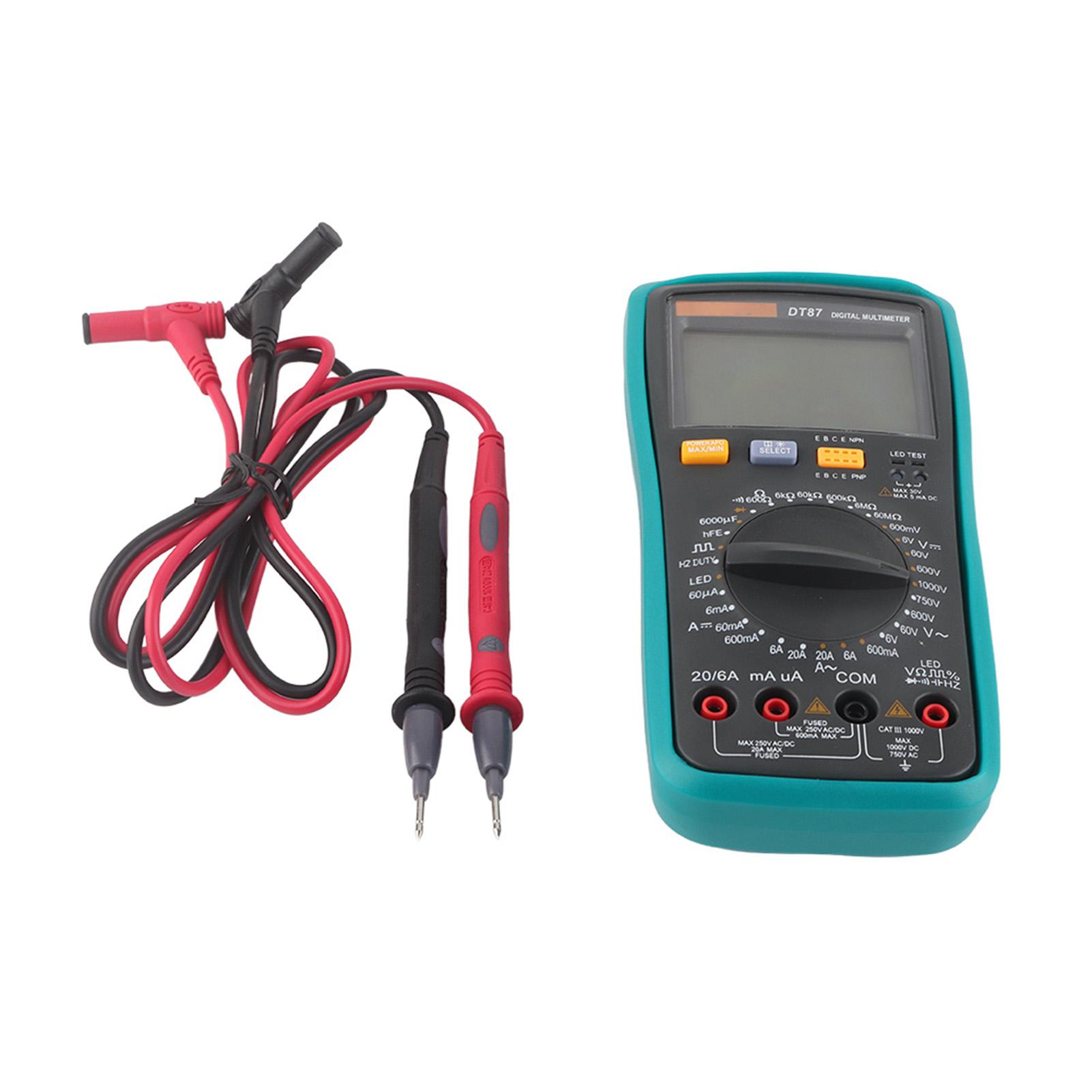DT87 Multimeter 6000 Counts ACDC Volt Amp Ohm Capacitance Frequency Duty Cycle Diode Test
DT87 Multimeter 6000 Counts ACDC Volt Amp Ohm Capacitance Frequency Duty Cycle Diode Test