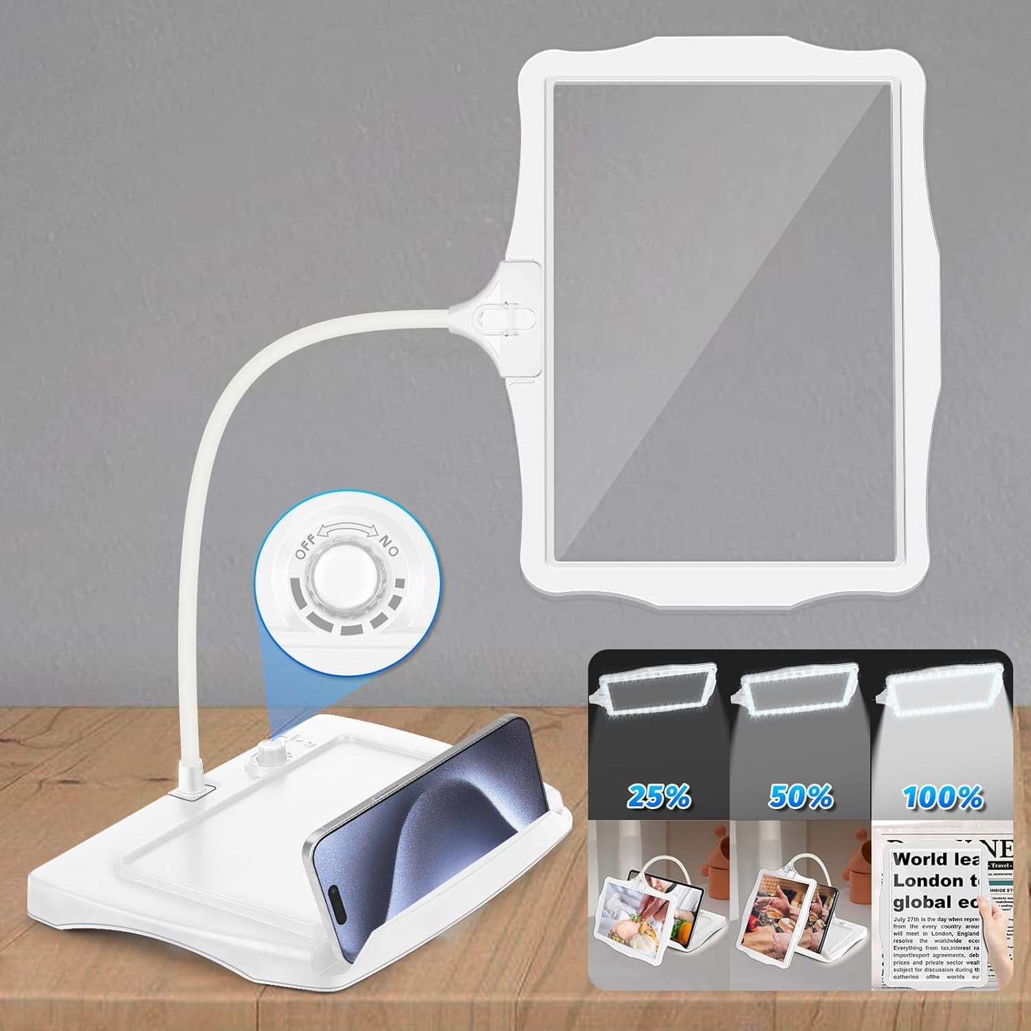 Stand Magnifier 10x Magnifying Rechargeable Magnifier with Lamp and 50 LED Flexible Goose Neck Magnifying 28cm Large Page Magnifying for Close View білий
Stand Magnifier 10x Magnifying Rechargeable Magnifier with Lamp and 50 LED Flexible Goose Neck Magnifying 28cm Large Page Magnifying for Close View білий
