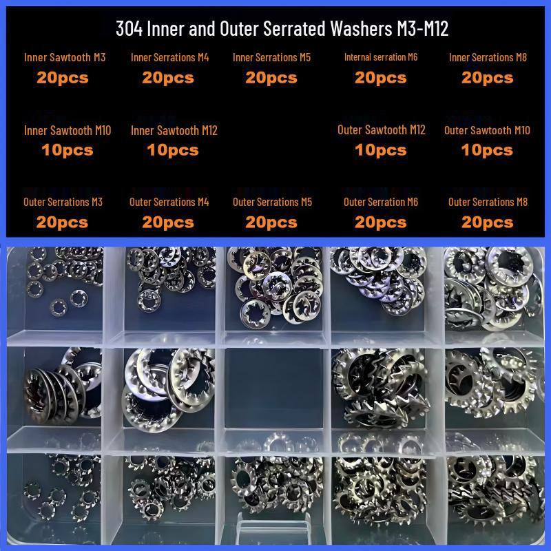 304 Stainless Steel Inner Serrated Flat Lock Washers, Anti-Slip, 240-Piece Set, Sizes M3-M12
304 Stainless Steel Inner Serrated Flat Lock Washers, Anti-Slip, 240-Piece Set, Sizes M3-M12