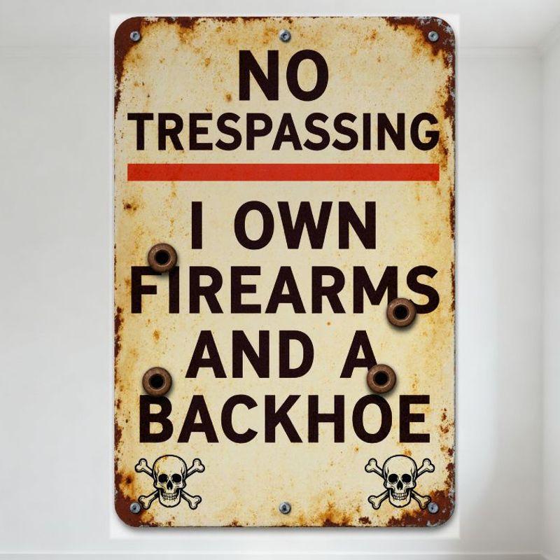 Vintage Weathered Metal Sign NO TRESPASSING with Firearms & Backhoe Warning, Rust Stained Beige Background, Skeleton Skulls & Cr 20x30cm(7.8x11.8inch)
Vintage Weathered Metal Sign NO TRESPASSING with Firearms & Backhoe Warning, Rust Stained Beige Background, Skeleton Skulls & Cr 20x30cm(7.8x11.8inch)