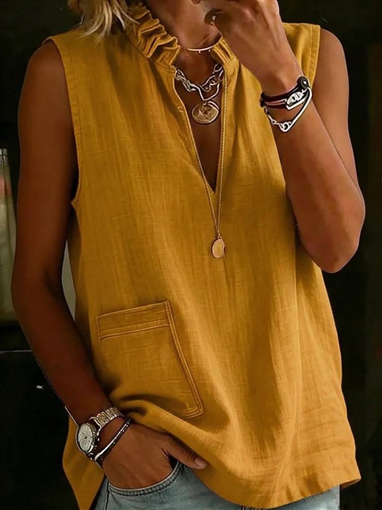 Women Sleeveless V Neck Ruffle Collar Pocket Blouse Multi Colors Casual Top XL
Women Sleeveless V Neck Ruffle Collar Pocket Blouse Multi Colors Casual Top XL