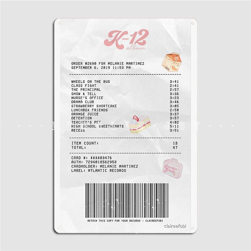 K-12 Album Receipt Poster Metal Plaque Pub Garage Club Retro Plates Tin Sign Poster 20x30cm(7.8x11.8inch)
K-12 Album Receipt Poster Metal Plaque Pub Garage Club Retro Plates Tin Sign Poster 20x30cm(7.8x11.8inch)