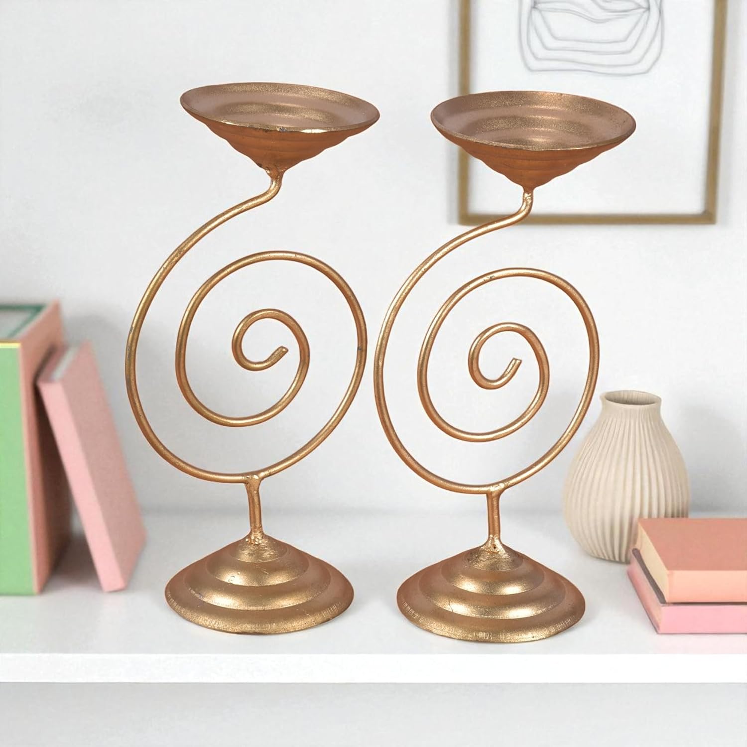 Elegant Spiral Gold Tealight Candle Holders Set of 2, Modern Metal Wire Centerpiece for Table and Shelf Decor, 6.5 Inch
Elegant Spiral Gold Tealight Candle Holders Set of 2, Modern Metal Wire Centerpiece for Table and Shelf Decor, 6.5 Inch