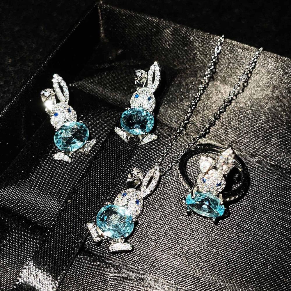 Women Jewelry Set Cute Rabbit Earrings with Micro Pave Diamonds Sky Blue Topaz Pendant Openable Bunny Ring
Women Jewelry Set Cute Rabbit Earrings with Micro Pave Diamonds Sky Blue Topaz Pendant Openable Bunny Ring