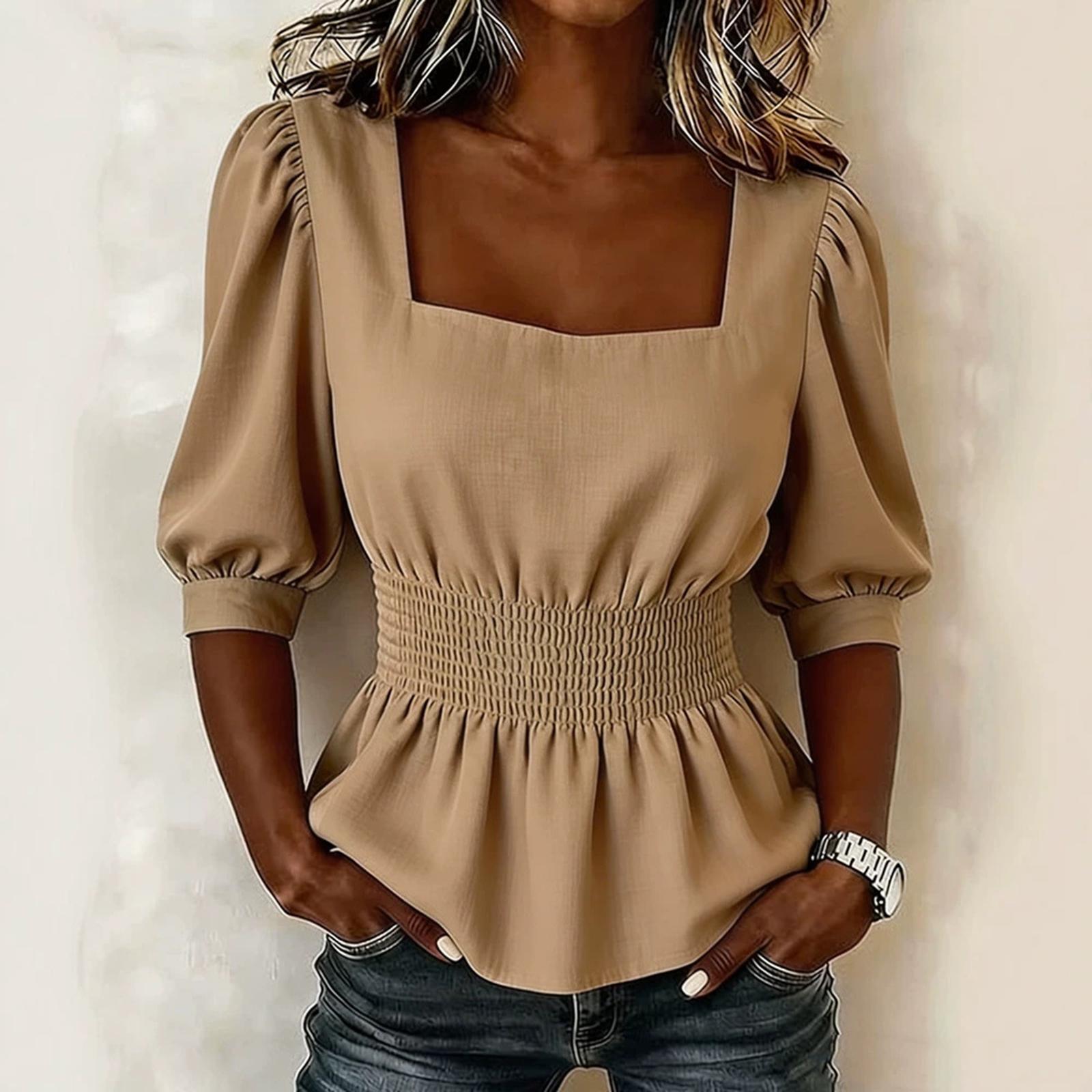 Women Puff Sleeve Smocked Waist Square Neck Blouse Ruffle Hem Solid Color Shirt Casual Top for Daily Wear M
Women Puff Sleeve Smocked Waist Square Neck Blouse Ruffle Hem Solid Color Shirt Casual Top for Daily Wear M