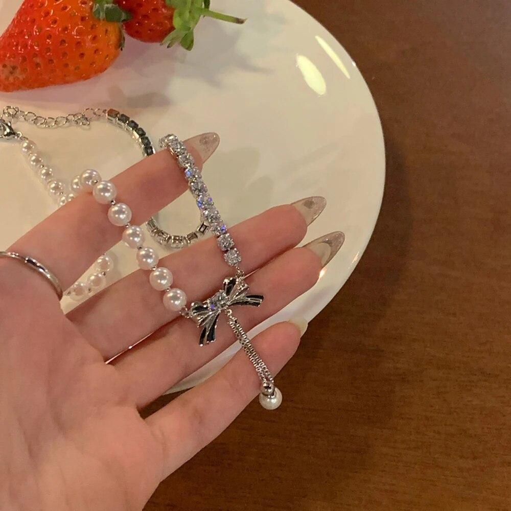 Изысканное жемчужное ожерелье с бантом и кисточкой, женское сверкающее циркониевое серебряное ожерелье с подвеской-цепочкой, ювелирные изделия для дня рождения, аксессуары, подарки