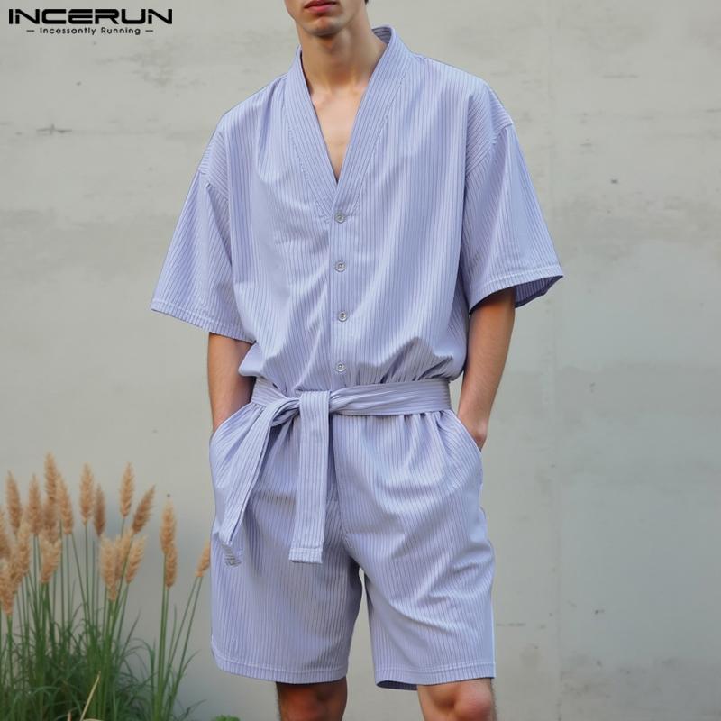 INCERUN Men Summer Short Sleeve Buttons Belt Waist Striped Jumpsuits Short Rompers S синій
INCERUN Men Summer Short Sleeve Buttons Belt Waist Striped Jumpsuits Short Rompers S синій