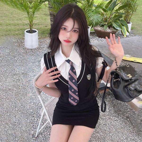 Преппи комплект платья с пышными рукавами: Сладкий, Крутой и Сексуальный Летний Стиль Large чёрный