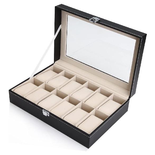 Кожаная коробка для часов с 12 сетками, держатель для витрины, черная коробка для хранения, стеклянный органайзер для ювелирных изделий для мужчин и женщин, лучший подарок 12 Slots