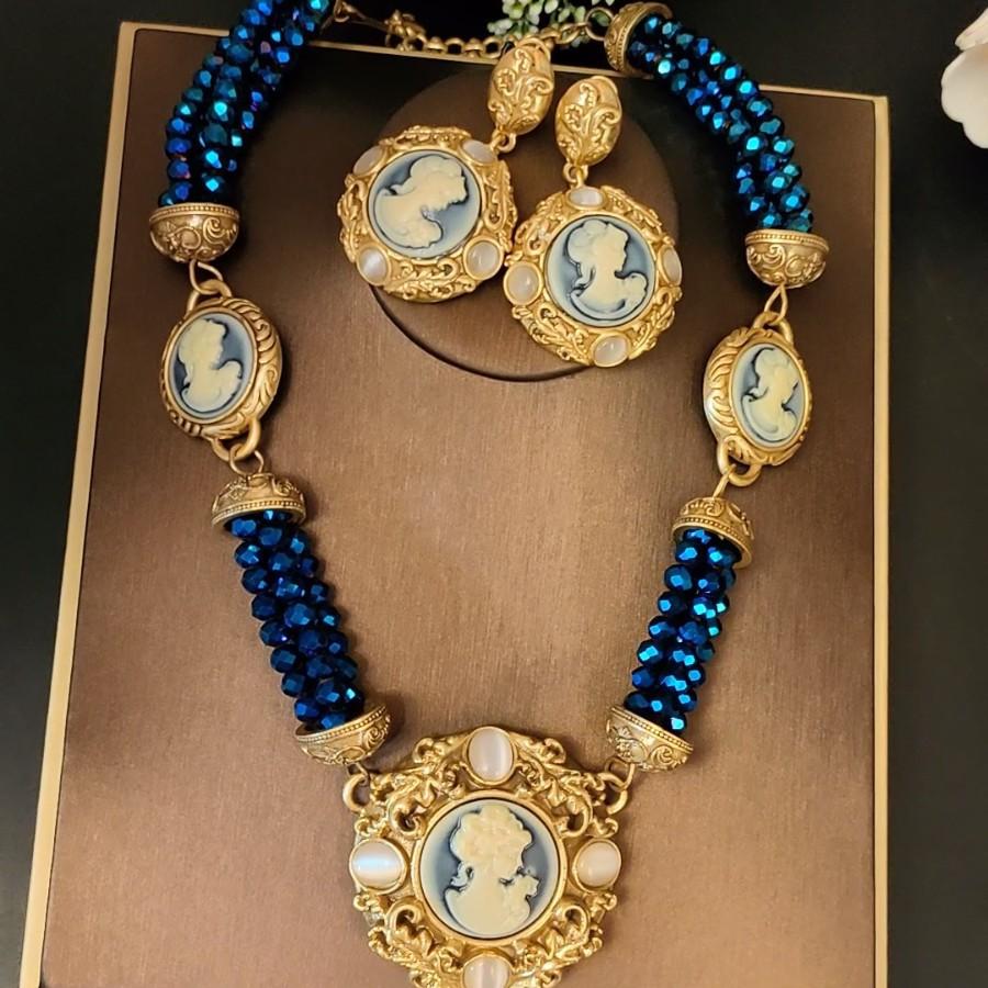 Средневековый Винтажный Классический Набор Ожерелье и Серьги Камея Тяжелая Промышленность Ручная Резьба Опаловое Ожерелье