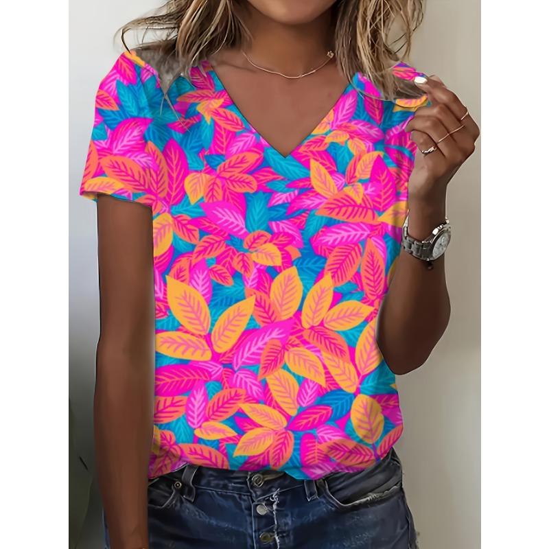 A Vibrant V-Neck T-Shirt with Short Sleeves Featuring a Full Print of Tropical Leaves in Bright Pink, Orange, And Blue Hues S
A Vibrant V-Neck T-Shirt with Short Sleeves Featuring a Full Print of Tropical Leaves in Bright Pink, Orange, And Blue Hues S