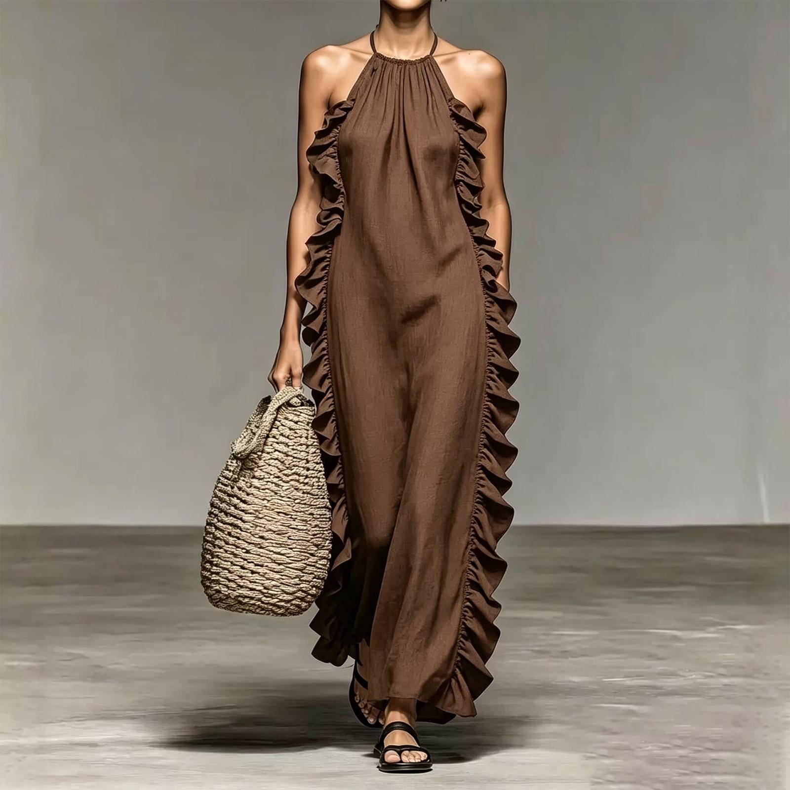 Women Sleeveless Halter Neck Maxi Dress with Ruffle Trim Tie Back Design Vacation Beachwear Summer Dress L кофейный
Women Sleeveless Halter Neck Maxi Dress with Ruffle Trim Tie Back Design Vacation Beachwear Summer Dress L кофейный