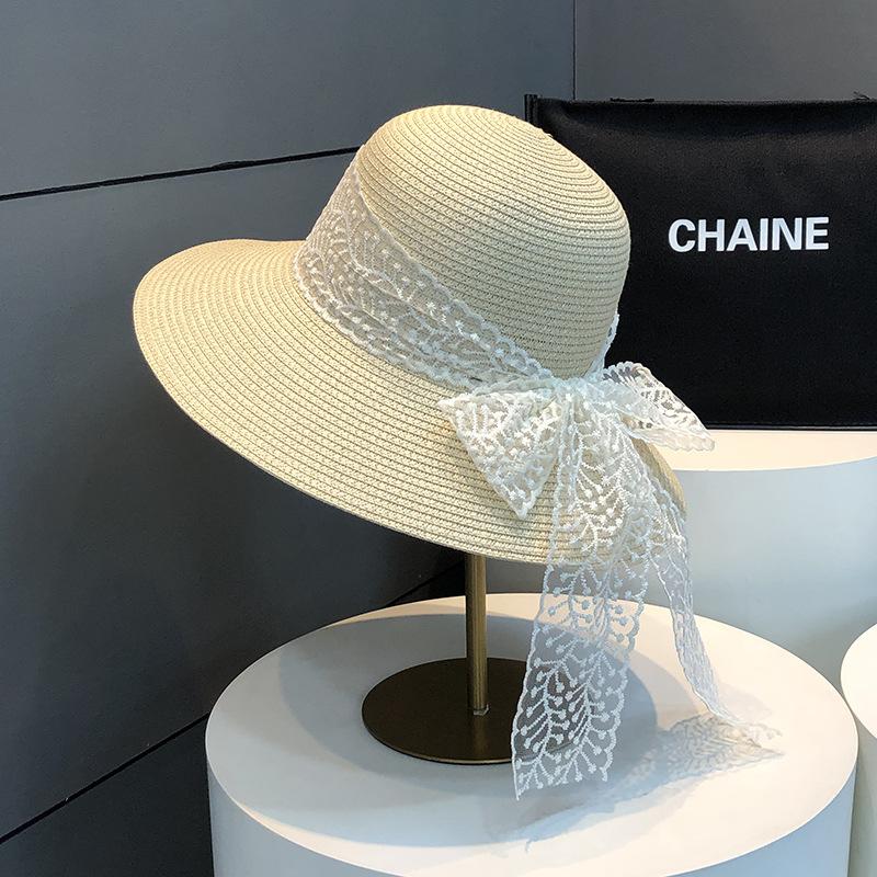 Новая летняя женская соломенная шляпа с большими полями, солнцезащитный козырек для моря, модная кружевная шляпа с бантом one size бежевый
