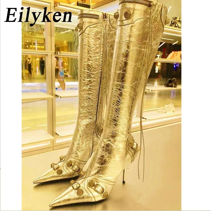 Eilyken 2023, зимние золотые, серебряные дизайнерские женские сапоги до колена, мотоциклетные сапоги в стиле панк с острым носком, сексуальные длинные ретро Zapatos mujer