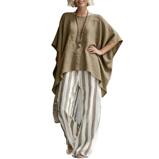 Women T-shirt Pants Two Piece Set Summer O-Neck Short Batwing Sleeves Shirt Striped Trousers Loose Casual Top Pants Suit S хакі
Women T-shirt Pants Two Piece Set Summer O-Neck Short Batwing Sleeves Shirt Striped Trousers Loose Casual Top Pants Suit S хакі