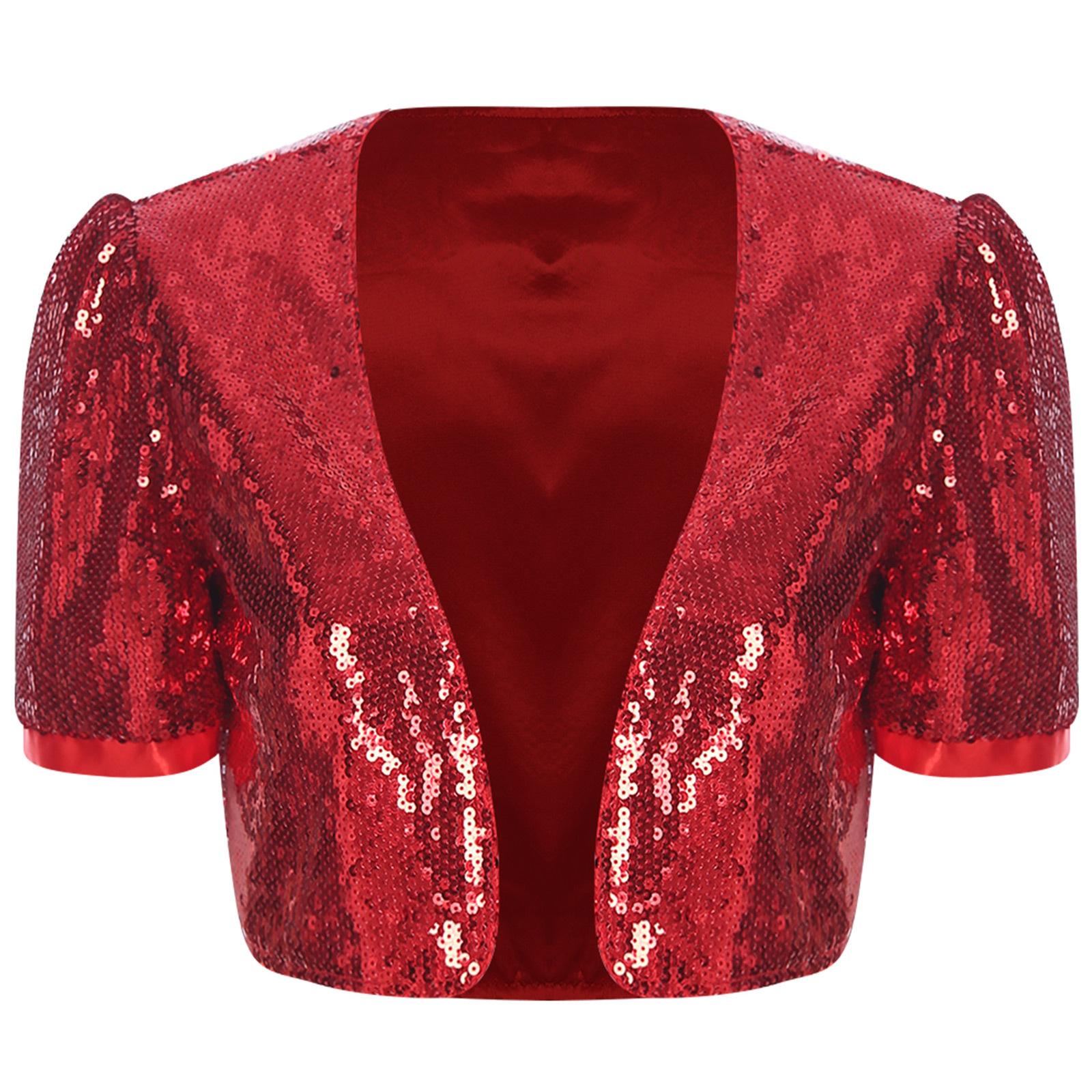 Женская блестящая укороченная куртка с пайетками, короткий рукав, открытая спереди, блестящая клубная одежда, верхняя одежда для вечеринок, вечернее платье S красный