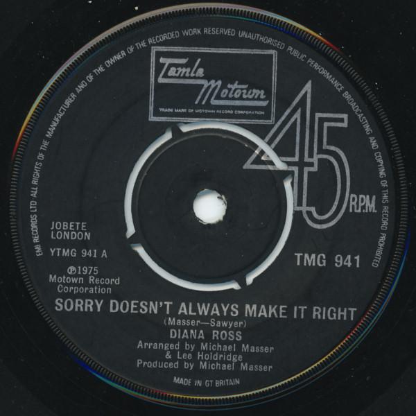 7inch Record DIANA ROSS - Sorry Doesn t Always Make It Right TMG941 Tamla Motown 1975 UK Soul/Funk Used
7inch Record DIANA ROSS - Sorry Doesn t Always Make It Right TMG941 Tamla Motown 1975 UK Soul/Funk Used