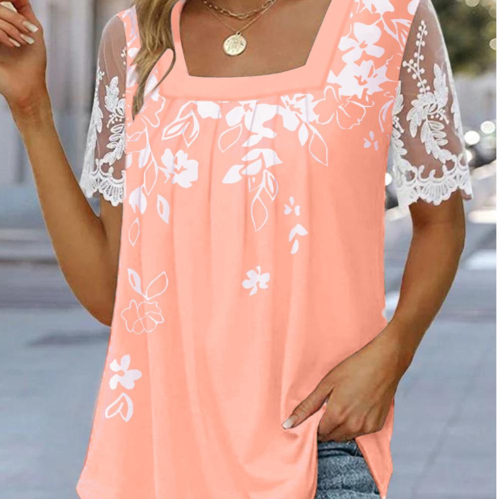 Кружевная футболка с квадратным воротником с взрывным принтом Леди 
Кружевная футболка с квадратным воротником с взрывным принтом Леди