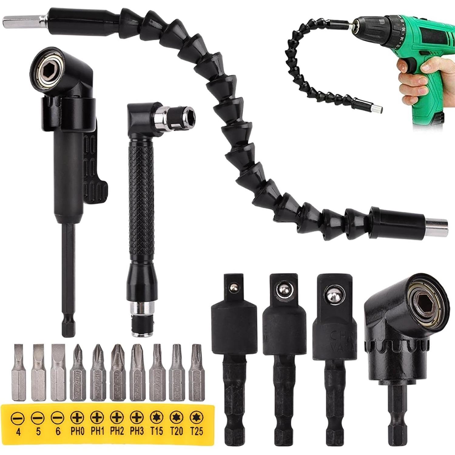 17Pcs Flexible Drill Bit Extension, with 3pcs Rotatable Socket Adapter, 2Pcs Hex Shank 105° Right Angle Drill Attachment, 10pcs Short Screwdriver
17Pcs Flexible Drill Bit Extension, with 3pcs Rotatable Socket Adapter, 2Pcs Hex Shank 105° Right Angle Drill Attachment, 10pcs Short Screwdriver
