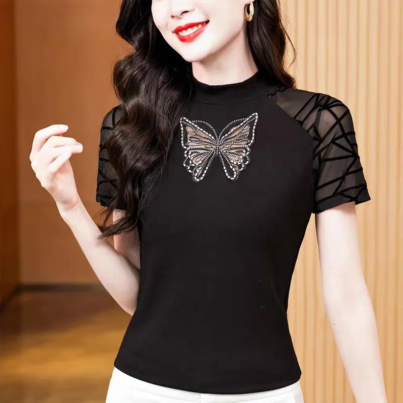 Summer Short Sleeve Women Black Tees Butterfly Hot Diamonds Designer T-Shirt Sexy Ladies Casual Mesh Tops Blusas M чорний
Summer Short Sleeve Women Black Tees Butterfly Hot Diamonds Designer T-Shirt Sexy Ladies Casual Mesh Tops Blusas M чорний