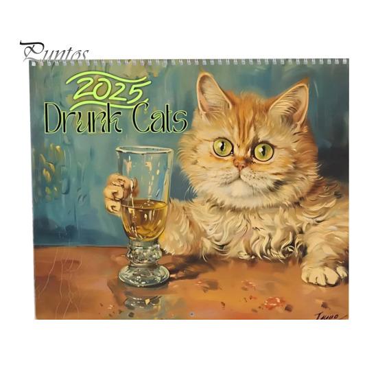 Календарь на стену с кошками 2025 года, ежемесячный календарь с пьяными кошками, стиль масляной живописи, забавные иллюстрации кошек, календарь в подарок любителям кошек Cat