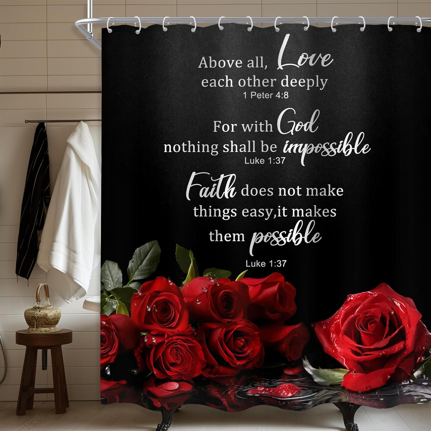 Red Roses Christian Bible Verse Shower Curtain Faith Love God Quote Black Background Religious Bathroom Decor Inspirational Home W60H190(CM)-1 Pcs
Red Roses Christian Bible Verse Shower Curtain Faith Love God Quote Black Background Religious Bathroom Decor Inspirational Home W60H190(CM)-1 Pcs