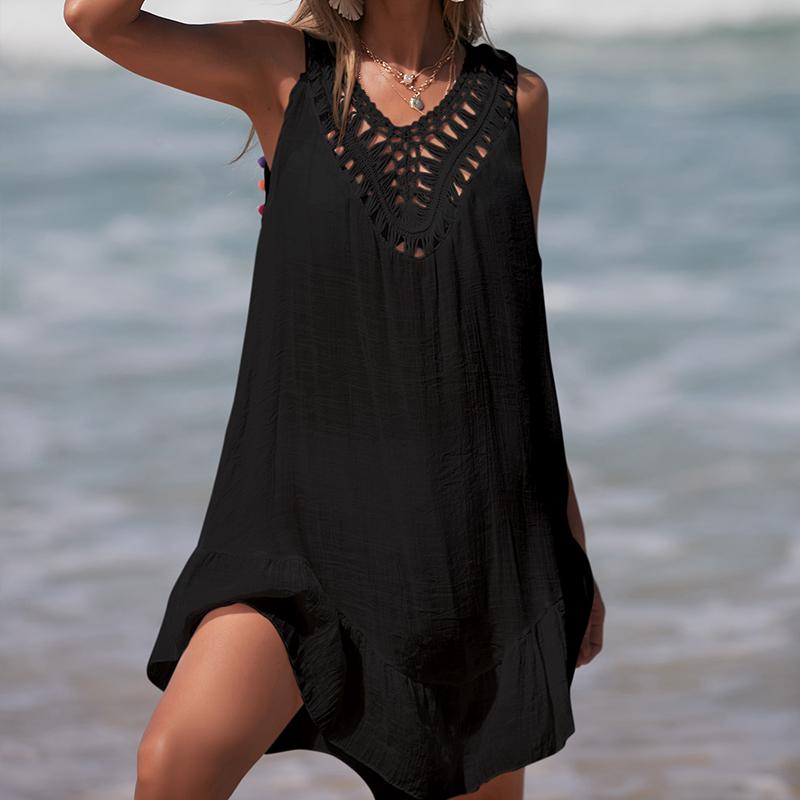 Women V-Neck Backless Hollow Out Short Dress Crochet Splicing Wooden Ear Dress With Colored Balls Beach Swimsuit Cover Up One Size
Women V-Neck Backless Hollow Out Short Dress Crochet Splicing Wooden Ear Dress With Colored Balls Beach Swimsuit Cover Up One Size