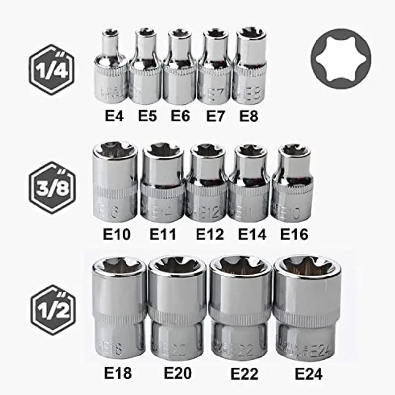 14Pcs Set Female E-type Torx Socket Wrench Tool Set E4-E24 Ratchet Socket Wrench Set E-Torx External Hex Socket Insert Nut
14Pcs Set Female E-type Torx Socket Wrench Tool Set E4-E24 Ratchet Socket Wrench Set E-Torx External Hex Socket Insert Nut
