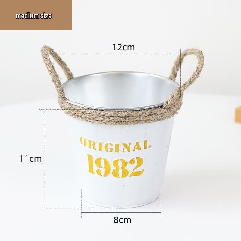 Vintage Distressed Tin Flower Pot with Rope Handle
Vintage Distressed Tin Flower Pot with Rope Handle