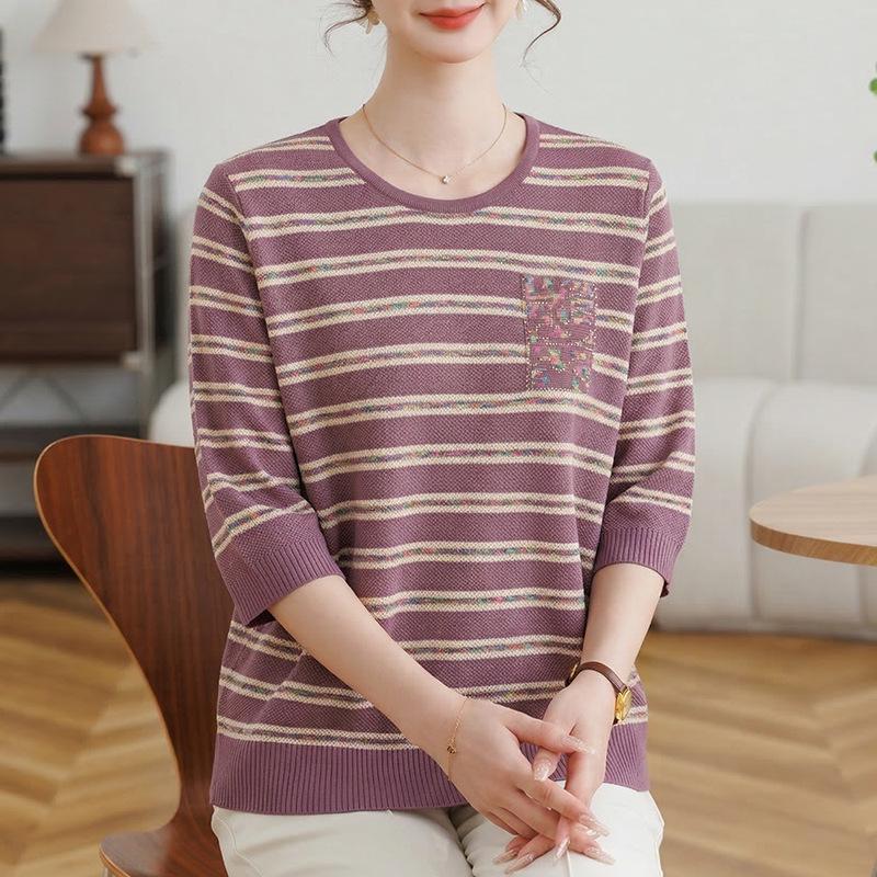 Striped Ice Silk Five-Sleeve Round Neck T-shirt for Mature Women - Loose, Youthful, and Casual Knitwear 3XL (recommended 120-135 jin) фиолетовый
Striped Ice Silk Five-Sleeve Round Neck T-shirt for Mature Women - Loose, Youthful, and Casual Knitwear 3XL (recommended 120-135 jin) фиолетовый