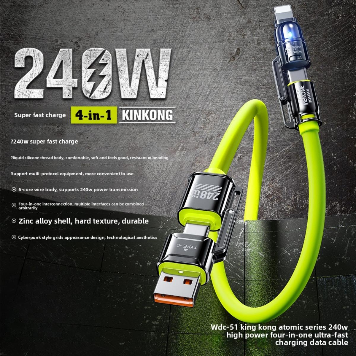 Maximum 240W 4-in-1 Fast Charging Cable, with Two Trailing Charging Cables, Equipped with USB-A/Type-C/Lightning, 4-in-1 Fast Charging Cable 1m зелёный
Maximum 240W 4-in-1 Fast Charging Cable, with Two Trailing Charging Cables, Equipped with USB-A/Type-C/Lightning, 4-in-1 Fast Charging Cable 1m зелёный
