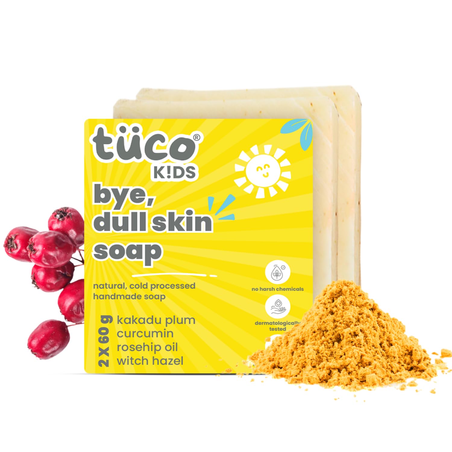 Tuco® Kids Bye, Dull Skin Soap Pack of 2X60gm with Turmeric | Perfect for Dull & Sensitive Skin | Ages 2-5, 5-10, 10-15 | 2x 60gm
Tuco® Kids Bye, Dull Skin Soap Pack of 2X60gm with Turmeric | Perfect for Dull & Sensitive Skin | Ages 2-5, 5-10, 10-15 | 2x 60gm