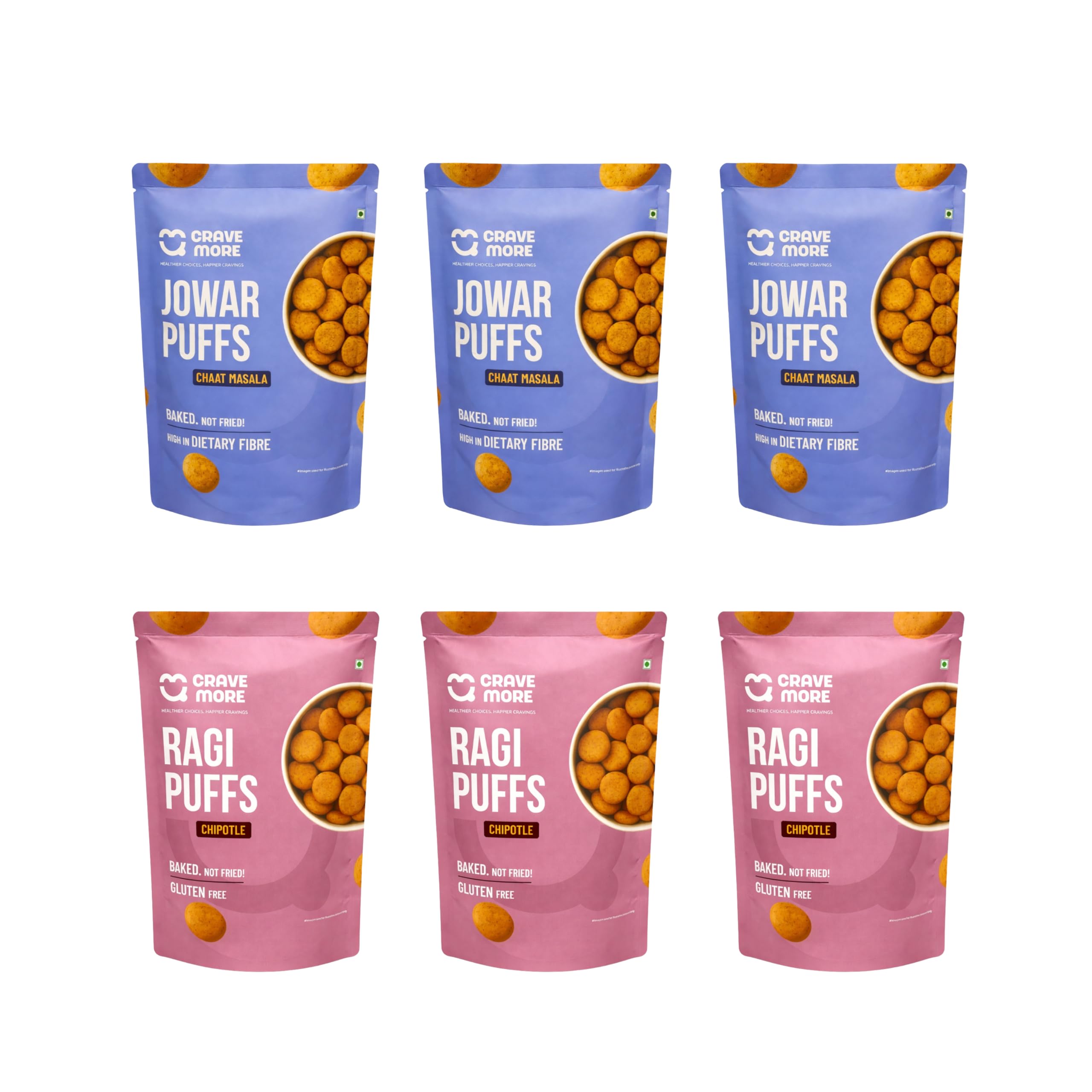 CRAVE MORE Jowar Puffs & Ragi Puffs Combo | 45 g x 6 Pack | Chaat Masala & Chipotle Flavour | Baked, Gluten Free Snack Pack | No Maida, No Palm O
CRAVE MORE Jowar Puffs & Ragi Puffs Combo | 45 g x 6 Pack | Chaat Masala & Chipotle Flavour | Baked, Gluten Free Snack Pack | No Maida, No Palm O