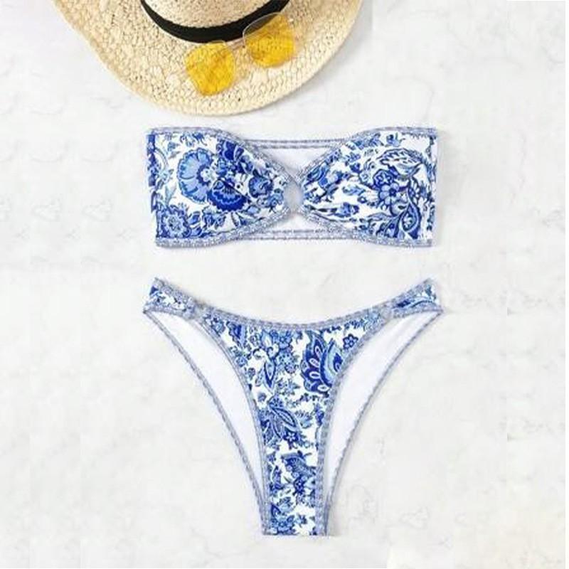 Swimsuit Sexy Bikini Strapless Blue White Porcelain Print Split Women L
Swimsuit Sexy Bikini Strapless Blue White Porcelain Print Split Women L