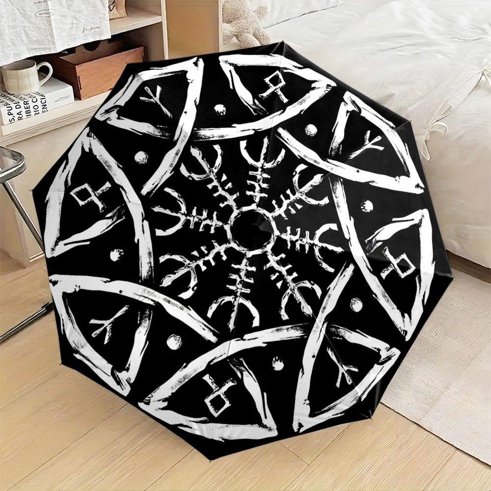 Automatic Folding Umbrella Black background with white Nordic rune-inspired symmetrical designs. Portable collapsible design,
Automatic Folding Umbrella Black background with white Nordic rune-inspired symmetrical designs. Portable collapsible design,