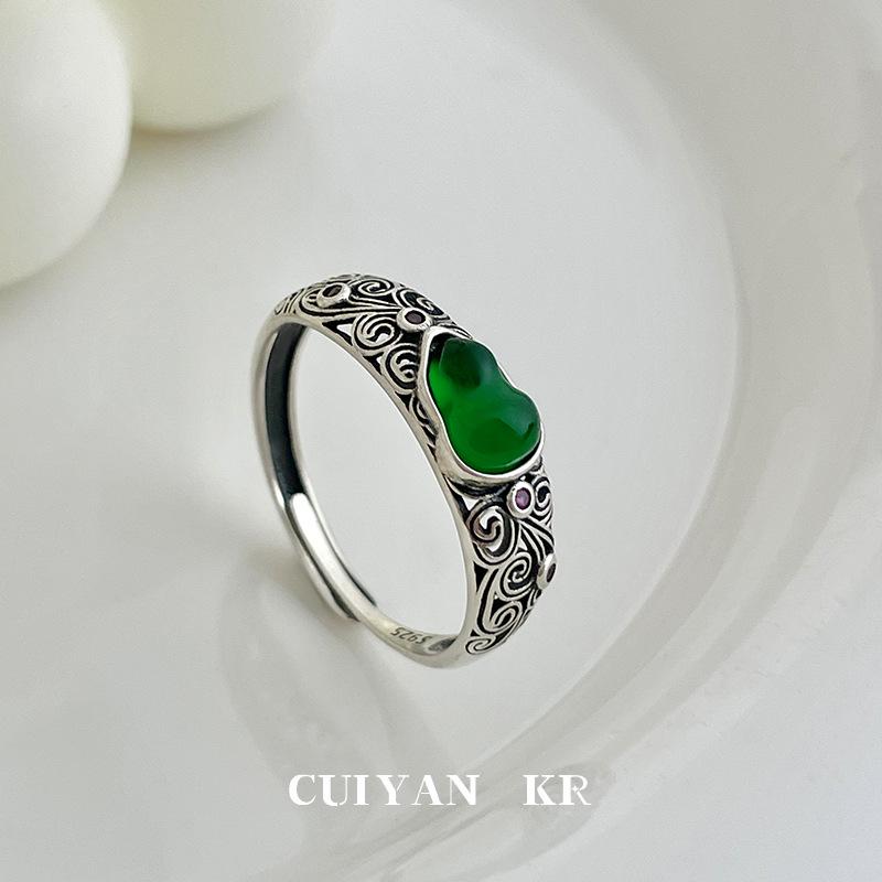 Цуйянь Шицзе Серебро 925 пробы Китайский стиль Яшма Облако Тыква Женское ретро кольцо Adjustable Open Size