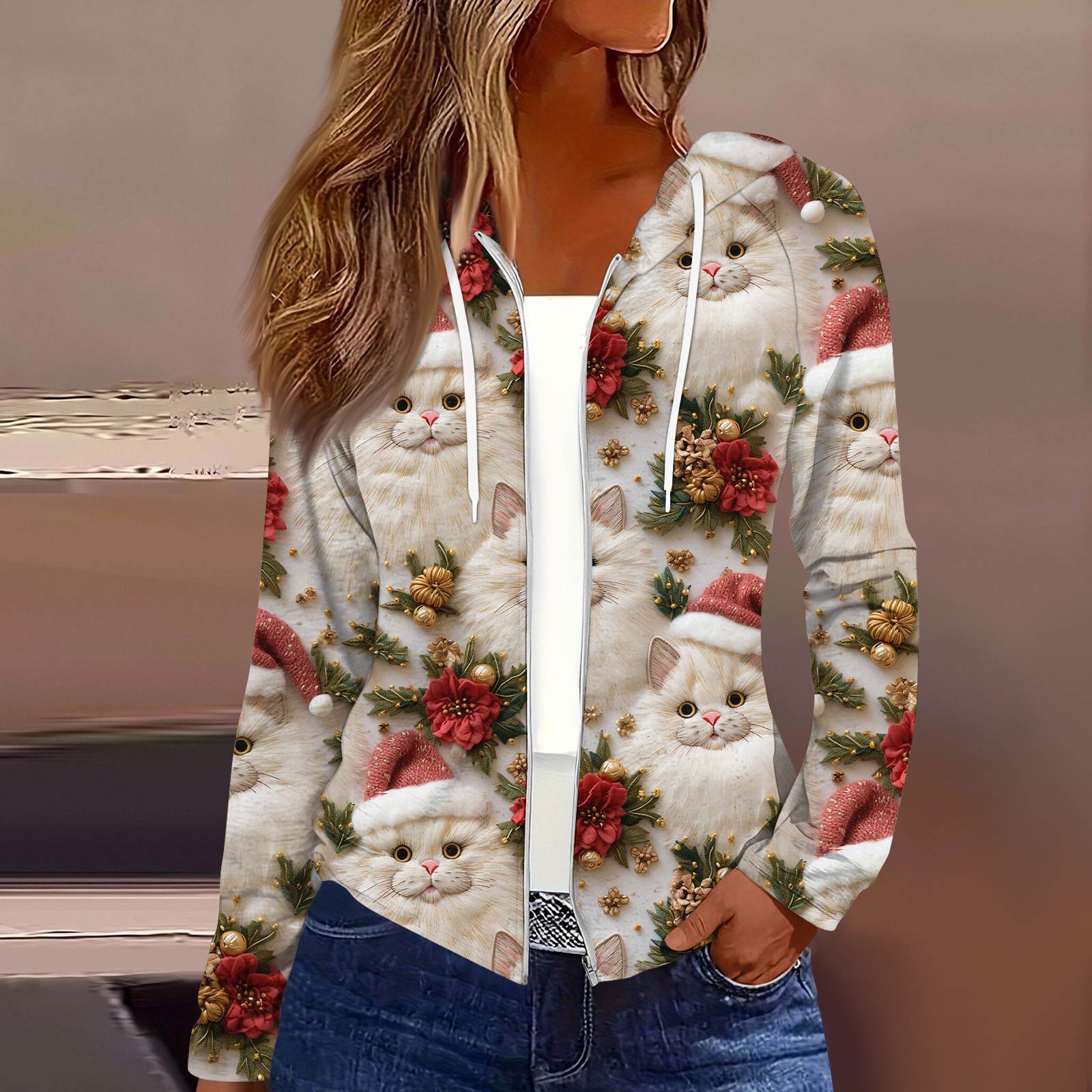 Women s Fashion Christmas Print Casual Zip-Up Long-Sleeved Hooded Jacket L бежевий
Women s Fashion Christmas Print Casual Zip-Up Long-Sleeved Hooded Jacket L бежевий