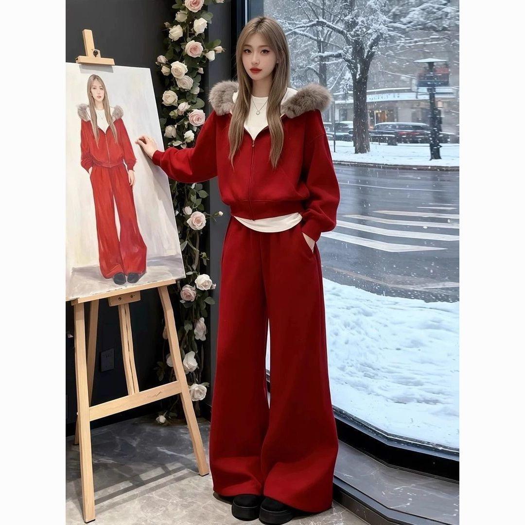 Women s Fur-Collar Hooded Sweatshirt & Wide-Leg Pants Set, Plus Velvet, Red, Casual Fashion for Autumn/Winter M
Women s Fur-Collar Hooded Sweatshirt & Wide-Leg Pants Set, Plus Velvet, Red, Casual Fashion for Autumn/Winter M