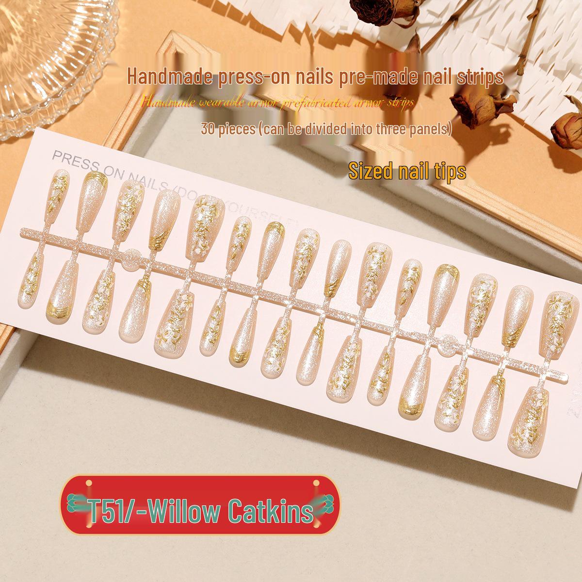 T511# Willow Catkins Medium-Length Nail Tips with Gilded Small Flowers - 30 Pre-made Pieces Complete Pack XS/S/M
T511# Willow Catkins Medium-Length Nail Tips with Gilded Small Flowers - 30 Pre-made Pieces Complete Pack XS/S/M