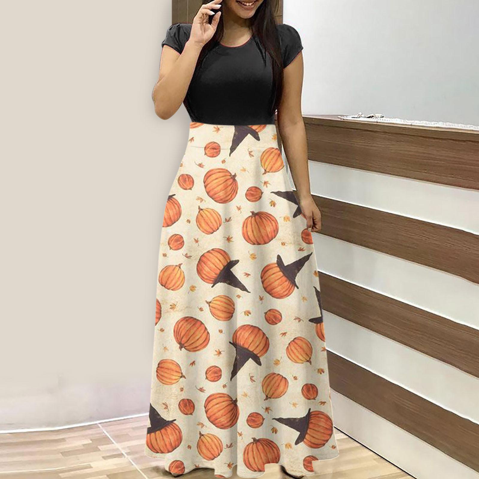 Модное женское повседневное платье с коротким рукавом и круглым вырезом с принтом Хэллоуина L жёлтый