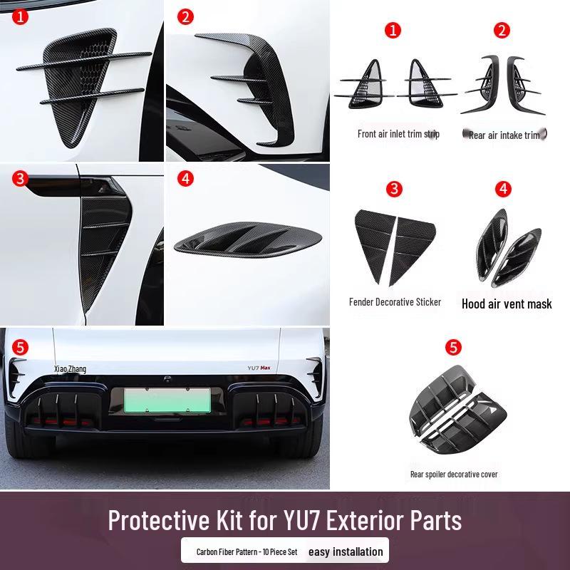 Carbon Fiber Texture Exterior Kit for Xiaomi YU7: Front Bumper, Rear Side Vents, and Lower Diffuser.
Carbon Fiber Texture Exterior Kit for Xiaomi YU7: Front Bumper, Rear Side Vents, and Lower Diffuser.