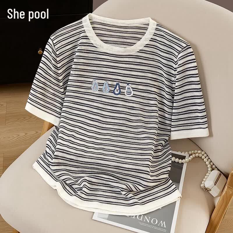 Women s Loose Casual Embroidered Striped Ice Silk Knit T-Shirt One Size
Women s Loose Casual Embroidered Striped Ice Silk Knit T-Shirt One Size