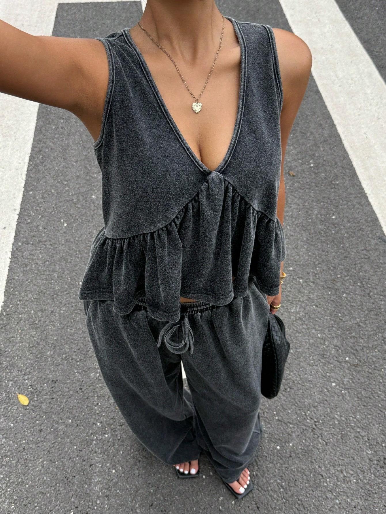 Women Clothing V-Neck Ruffle Tank +Wide Leg Pants Set Casual L чорний
Women Clothing V-Neck Ruffle Tank +Wide Leg Pants Set Casual L чорний