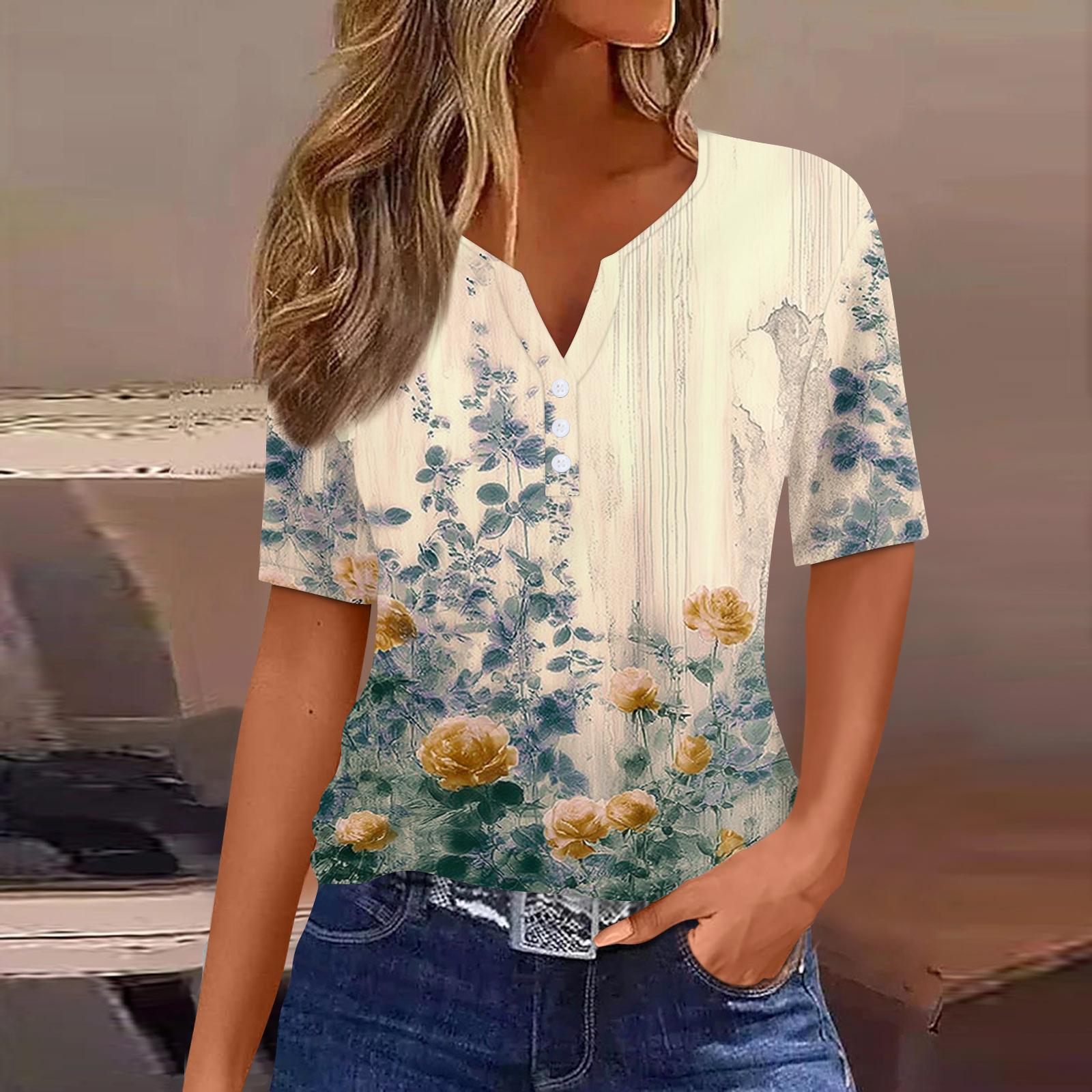 Women V Neck Short Sleeve T Shirt with Decorative Buttons Floral Print Casual Loose Fit Pullover Top for Daily Wear XL
Women V Neck Short Sleeve T Shirt with Decorative Buttons Floral Print Casual Loose Fit Pullover Top for Daily Wear XL