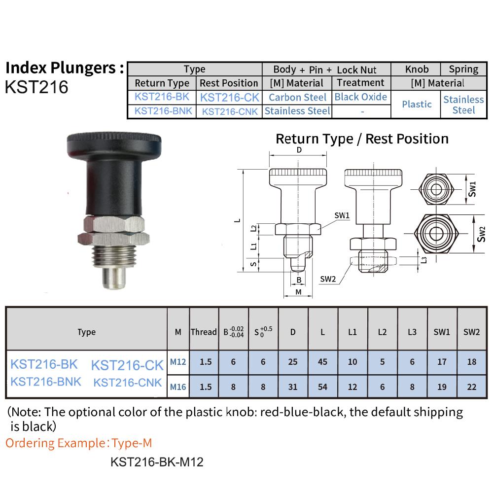 M12/M16 Fine Thread Stainless/Carbon Steel Locking And Positioning Index Bolts KST216 Three Colors Plastic Knob Indexing Plungers KST216-BK-M12 чорний
M12/M16 Fine Thread Stainless/Carbon Steel Locking And Positioning Index Bolts KST216 Three Colors Plastic Knob Indexing Plungers KST216-BK-M12 чорний